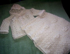Hooded baby jacket and matching blanket in natural colour Hooded baby jacket and matching blanket in natural colour