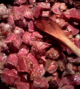 Meat is cut into 1-inch chunks