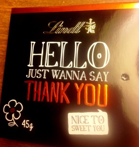This is one of the little boxes of chocolates I gave to the nurses and volunteers. Thanks you Lindt people for making it a very nice surprise with that cute message on the box!